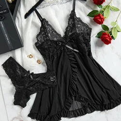 Exotic Women's Dress Sexy Clothing Black Lingerie Tulle Lace Flower Romantic Costumes Erotic Body Seductive Fetish Sleepwear Set