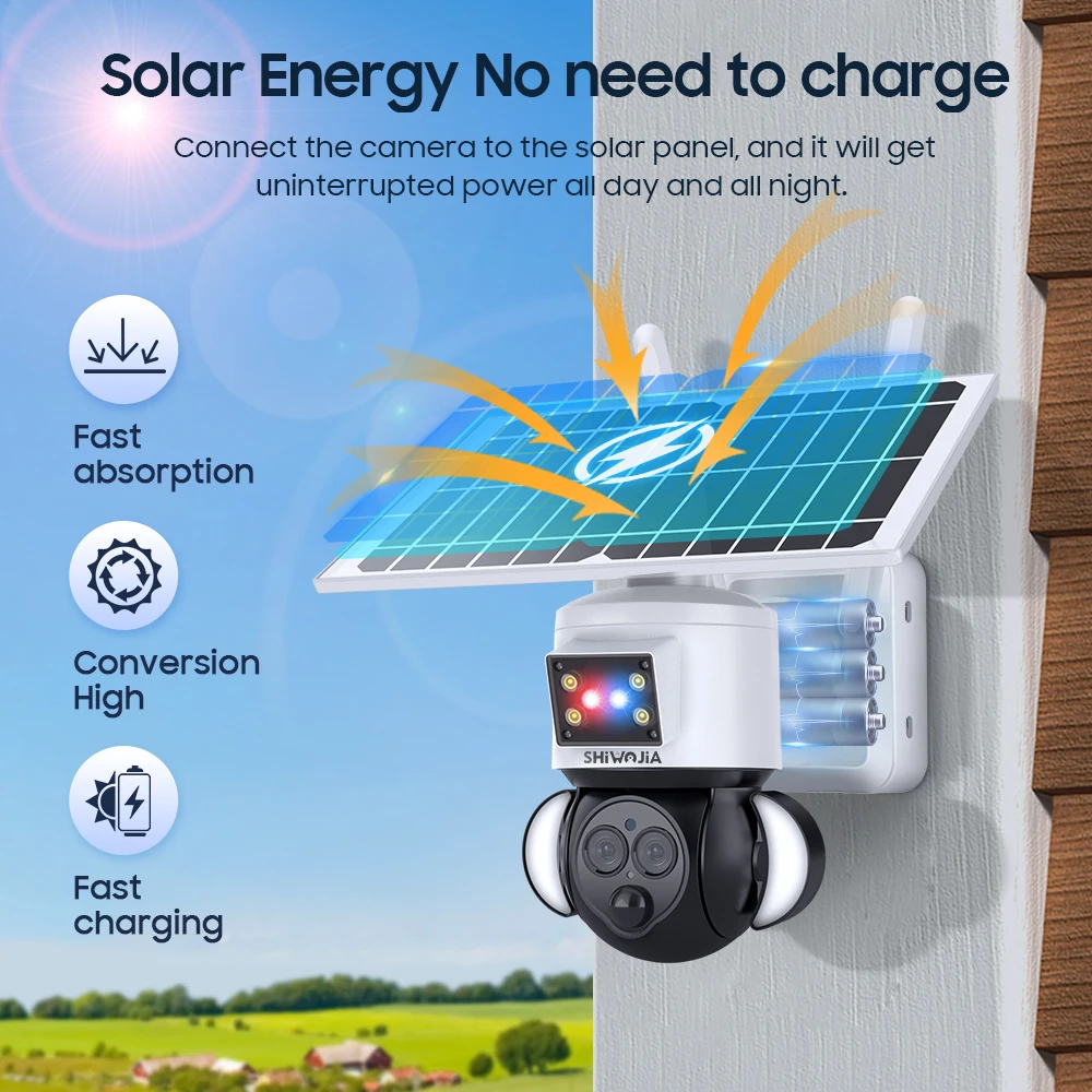 SHIWOJIA 3K 6MP 4G Solar Camera 12X Optical Zoom Dual Lens Outdoor Camera Humanoid Tracking CCTV AI Red-Blue Light Alarm