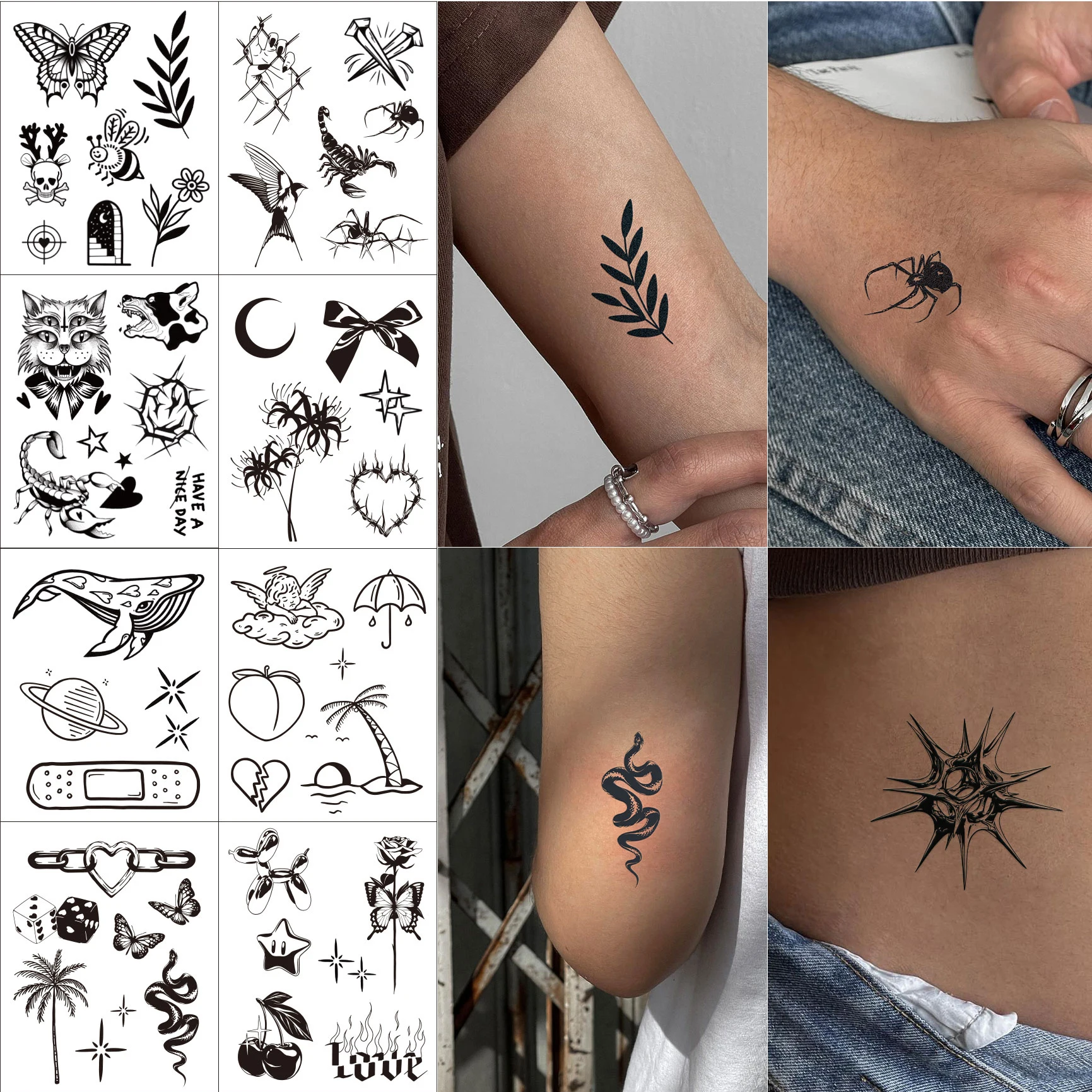 4pcs Butterfly Flower Temporary Tattoos for Women Men Body Art Sticker Balloon Dog Angle Design Waterproof Tattoo Seaside Travel