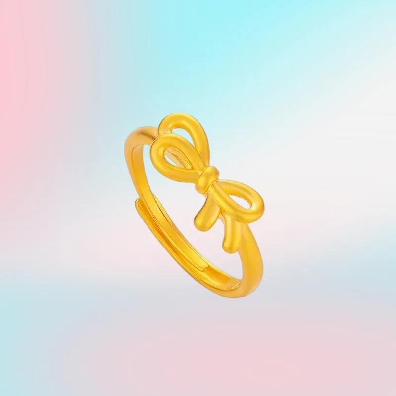 

NEW 9999 Real Gold 24K Fashion Sweet Gold Edition Bow Women's Ring Korean Edition Student Fashion Cute Love Tie Live Ring Women