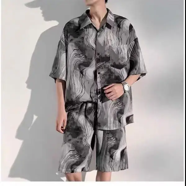 Trend Abstract Print Short-sleeved Shirt and Five-point Pants Two-piece Men's Summer New Loose Casual Shirt Set