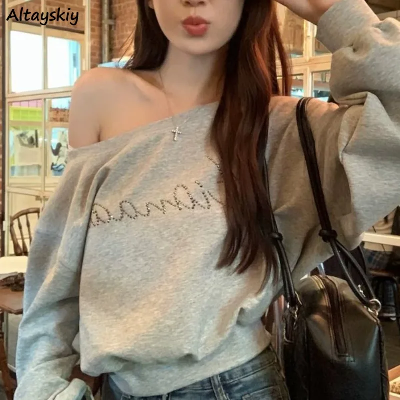 Skew Neck T-shirts for Women All-match Young Girls Casual Sexy Off Shoulder Spring Autumn Tees High Street Simple Solid Niche