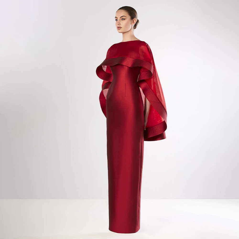 Burgundy Wedding Guest Dresses for Women 2024 Ruffle Cape Column Formal Gown Long O Neck Elegant Mother of the Bridal Dress 2024
