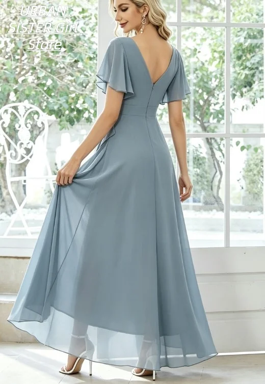 Graublaues, tief ausgeschnittenes Brautjungfernkleid aus Chiffon mit Rüschenärmeln, hoher Taille, asymmetrischem Rüschenschlitz und langem Schnitt, elegantes Abendkleid für Hochzeitsgäste – Detail 4