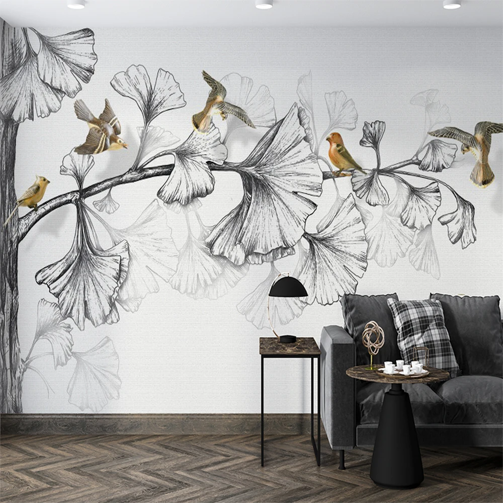 

Milofi custom mural wallpaper hand-painted ginkgo leaf painting illustration isolated in gray and eagle home decoration