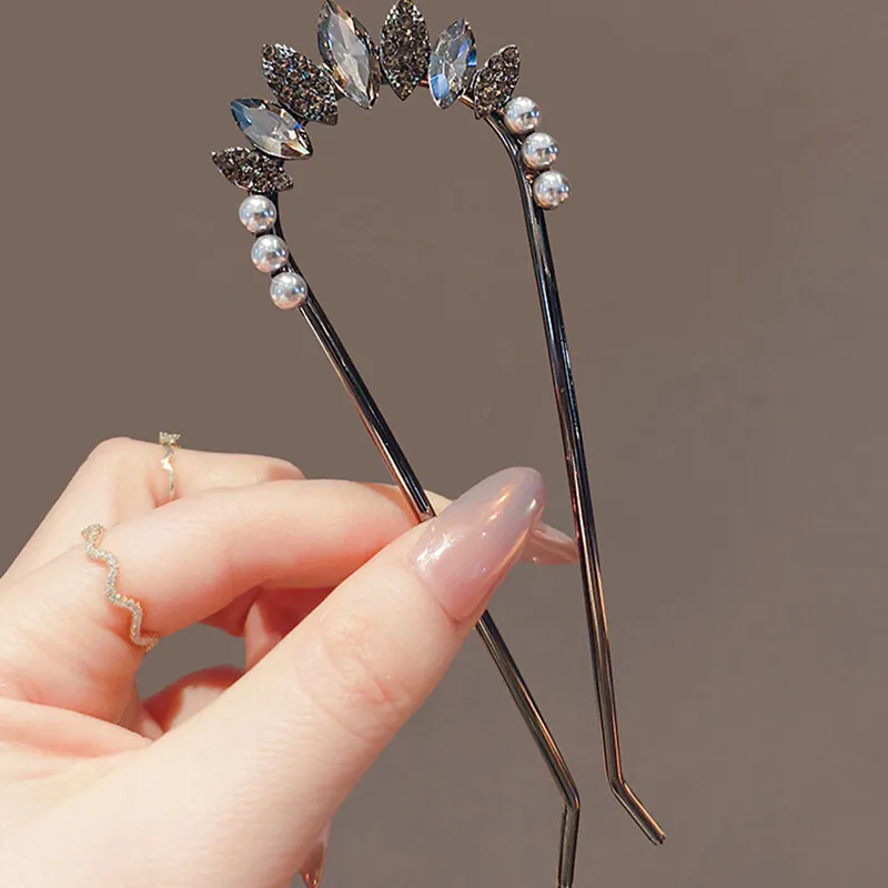 New Chinese Style Pearl Crystal Hairpin for Women Summer Simple U-shaped Metal Hair Clasp Elegant Antique Style Hair Accessories