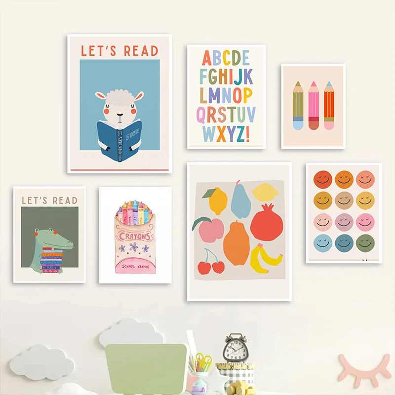 Boho Kid Educational Poster Set Alphabet Numbers Canvas Wall Art Print Cartoon Wall Decor Toddler Learning Chart Home Decor Gift
