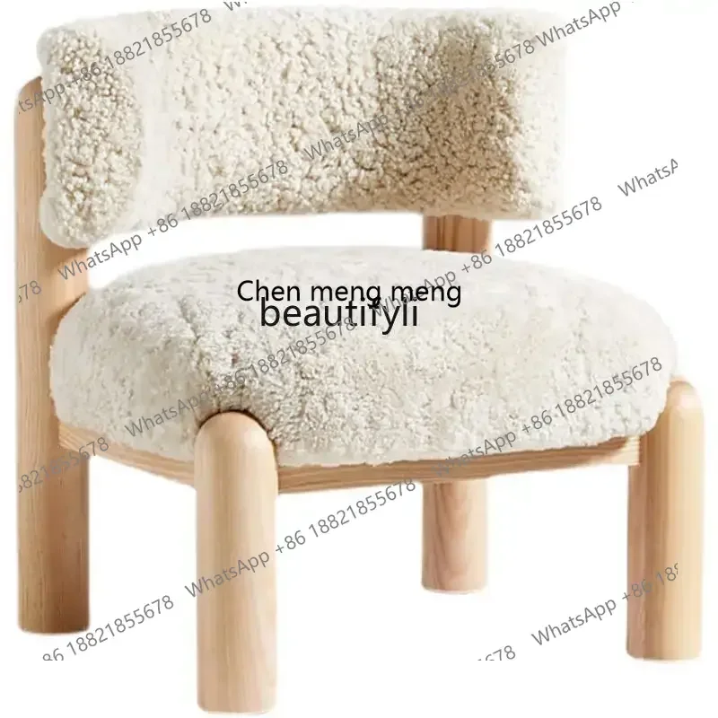 182Q Nordic solid wood sofa chair modern simple chair log color imitation lamb plush leisure chair