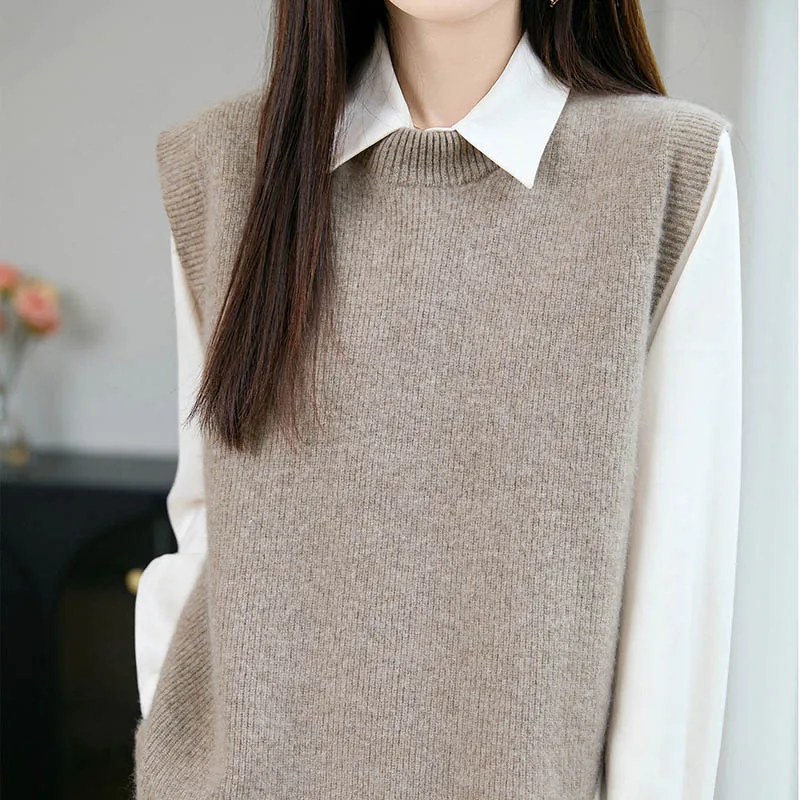 Новый пуловер, жилет из 100% мериносовой шерсти для женщин, однотонный вязаный свитер с круглым воротником, осень-зима, повседневный, удобный, приятный для кожи