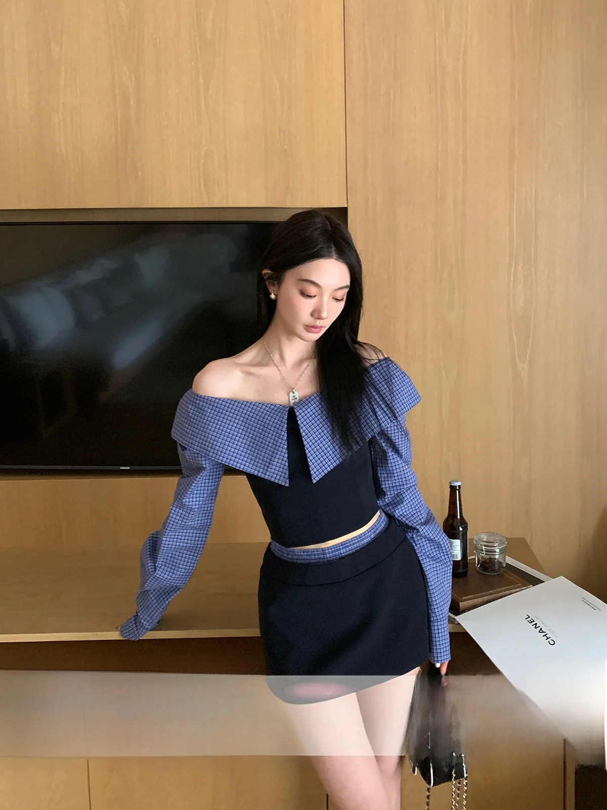 

Ouyang клетчатый длинный све irt женский летний дизайн Sensation ретро лоскутный топ на одно плечо дышащий хлопок Busin Sle