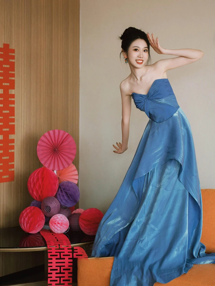 

Новое китайское свадебное платье Ele Blue Bridal Dr для помолвки, вечернее платье в пол с завышенной талией