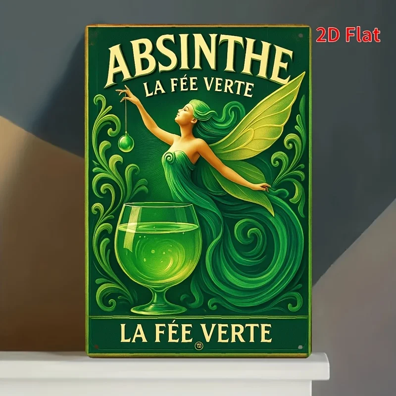 2D Flat, Vintage Absinthe Wall Art Sign - Fairy & Green Potion Metal Plaque Retro Absinthe-Themed Decor Suitable for Home