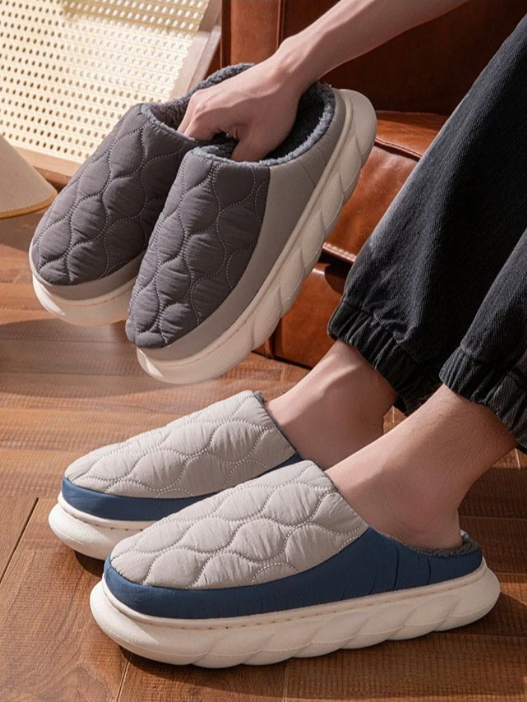 Men Winter Plush Cotton Slippers Anti-Odor Waterproof Non-Slip Warm Indoor Home Fuzzy House Slippers Plus Size