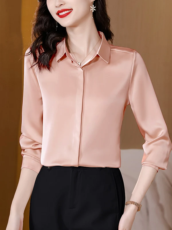 Ele Slimming Long Sve Silk irt Simple Pure Color Outlet Store Women's Faionable Busin Casual  Ne Button up