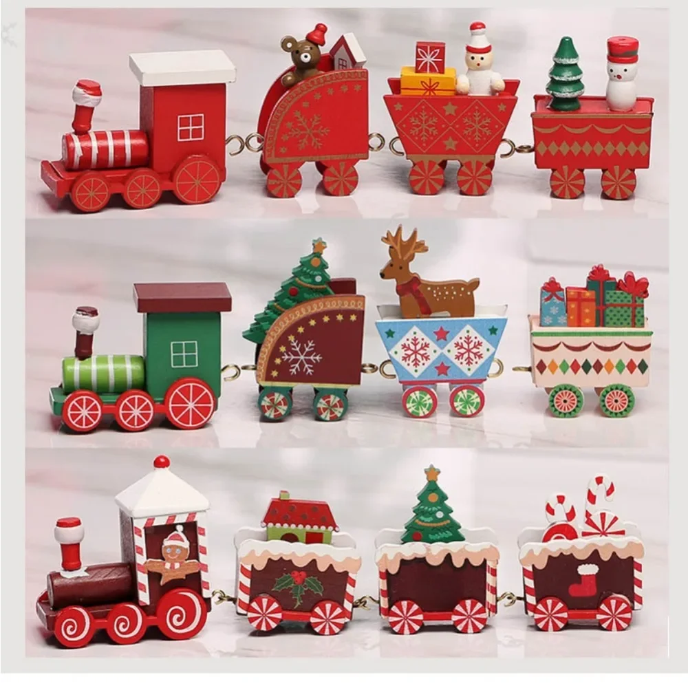 Wooden Christmas Train Ornament Cute Painted Train Santa Snowman Home Tabletop Decor Xmas New Year Holiday Kids Party Gifts