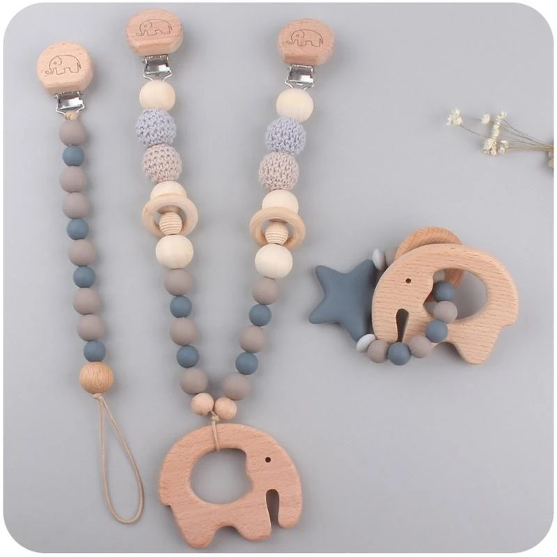 3 Pcs/Set Baby Stroller Pendants Pacifier Chain Pram Clip with Silicone Beads Infants Wooden Teether Bracelet Rattle Newborn view 3
