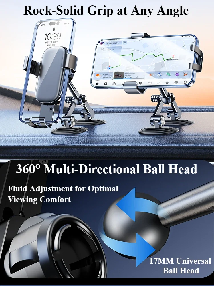 Eary Car Phone Holder Stand Mount For Dashboard Arch Bridge Stable Base Multi-Angle Adjustable Dual-Pivot Gravity Clip Bracket