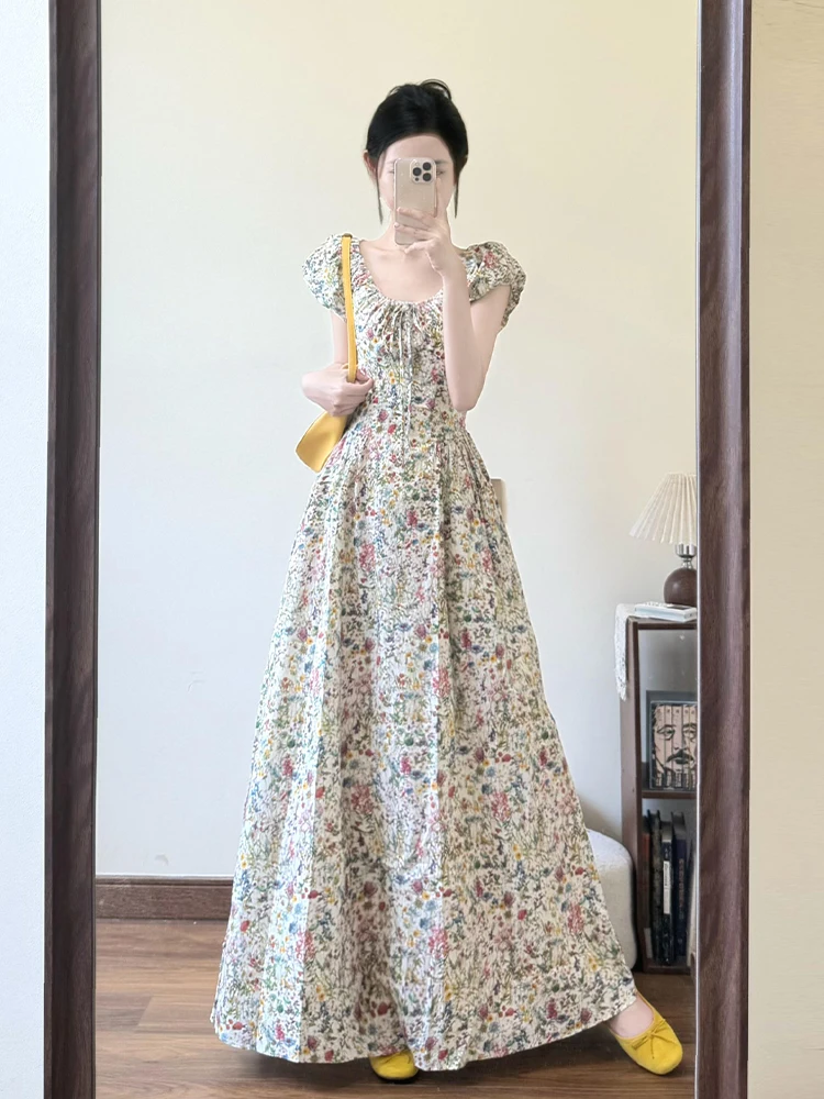 

Unique Beautiful Floral Print Dress Women's Summer Gentle Style U-Neck Bubble Sleeve Long Skirt Casual A-Line Polyester Fiber