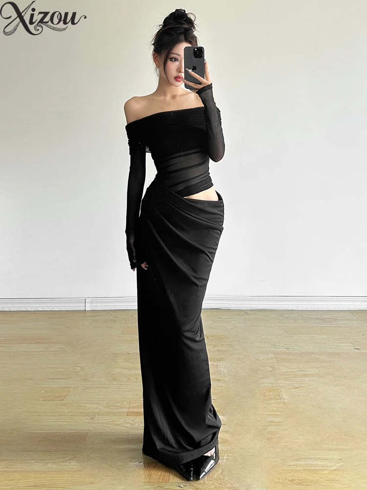 

Y2k Mesh Stitching One Off Shoulder Dress Female Solid Color Casual Hollow Waist Thin Elegant Long Dresses Spring and Autumn