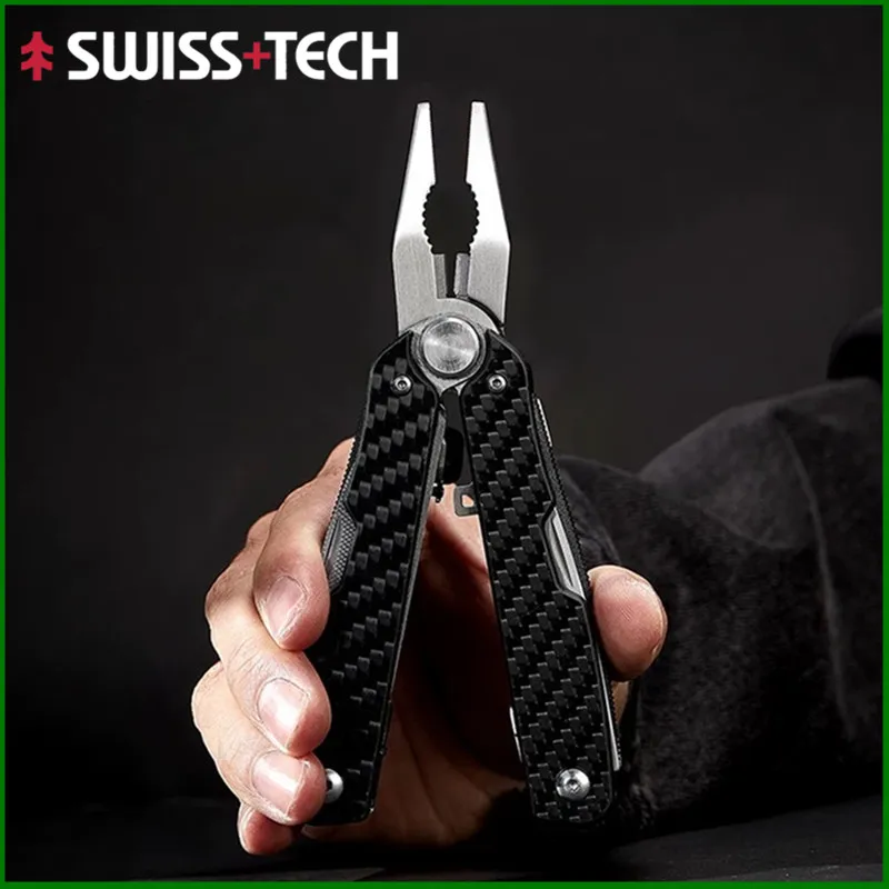 Swiss Tech 9-in-1 カーボンファイバー ハンドツール、アウトドア サバイバル & キャンプ用品用折りたたみ式コンパクト マルチツール、EDC エッセンシャル プライヤー