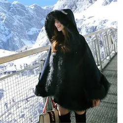 Cute Luxury Faux Fox fur woolen Winter Warm coat loose bat sleeved hooded shawl cloak Hoodie cape shawl coat with Long Hair Hat