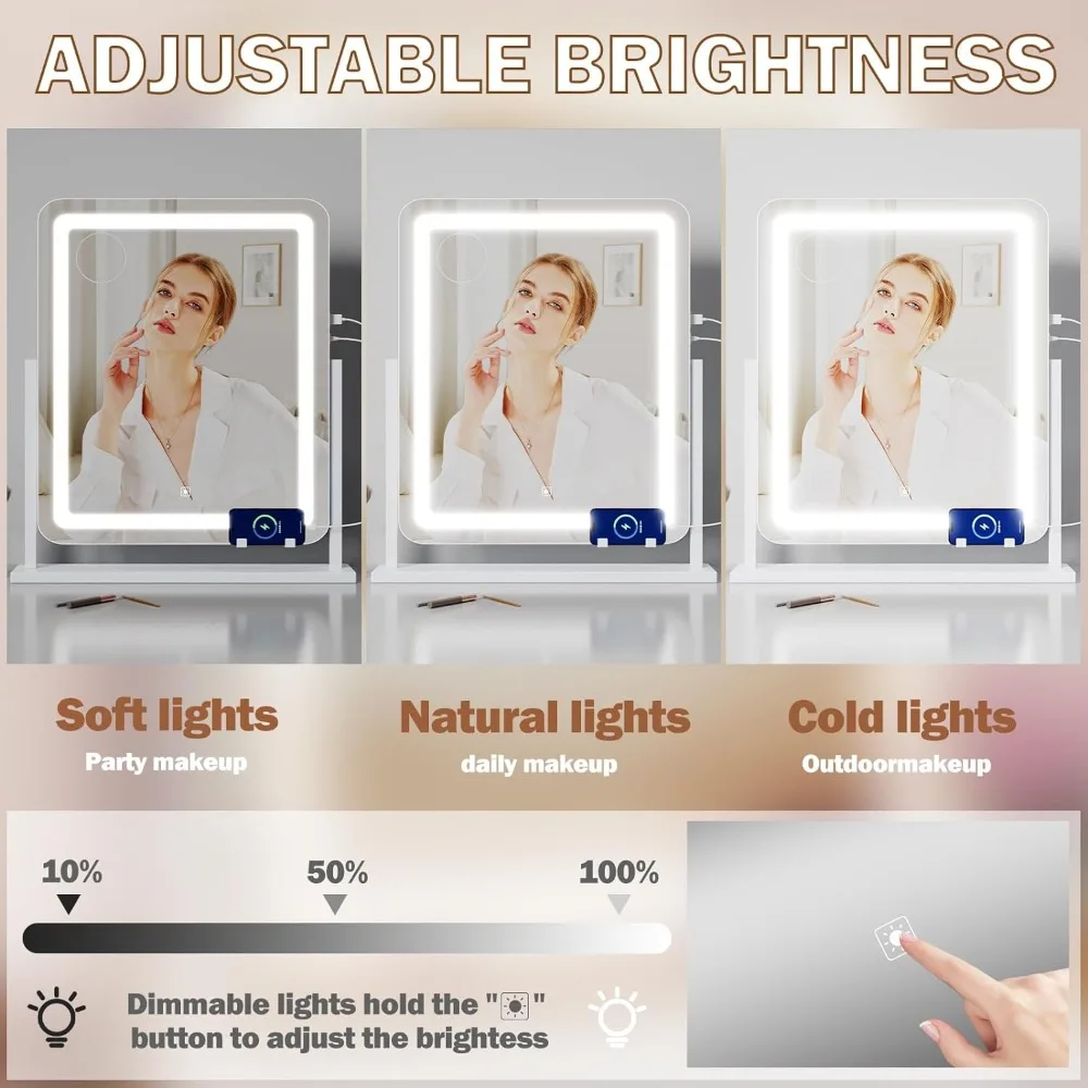 Makeup Vanity Mirror with Lights - 22" LED Lighted Mirror with 10X Magnification and USB Charging Port, Touch 3 Colors Dimmable