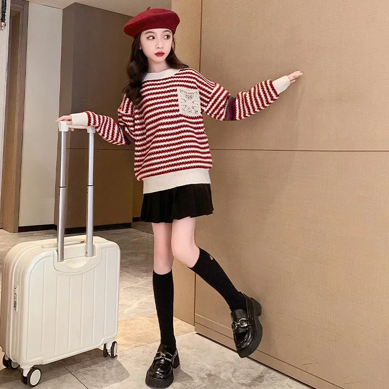 Autumn Winter School Girl Pulloverchildren Girl Striped Rolled Knitted Sweater Coat Child Knitwear Kids Kintted Tops 4-12Years