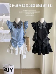 Women Blue Striped Bow Shirts Blouses Aesthetic Y2k Vintage Harajuku Elegant Flying Sleeve Polo-Neck Shirt 2000s Fashion Clothes