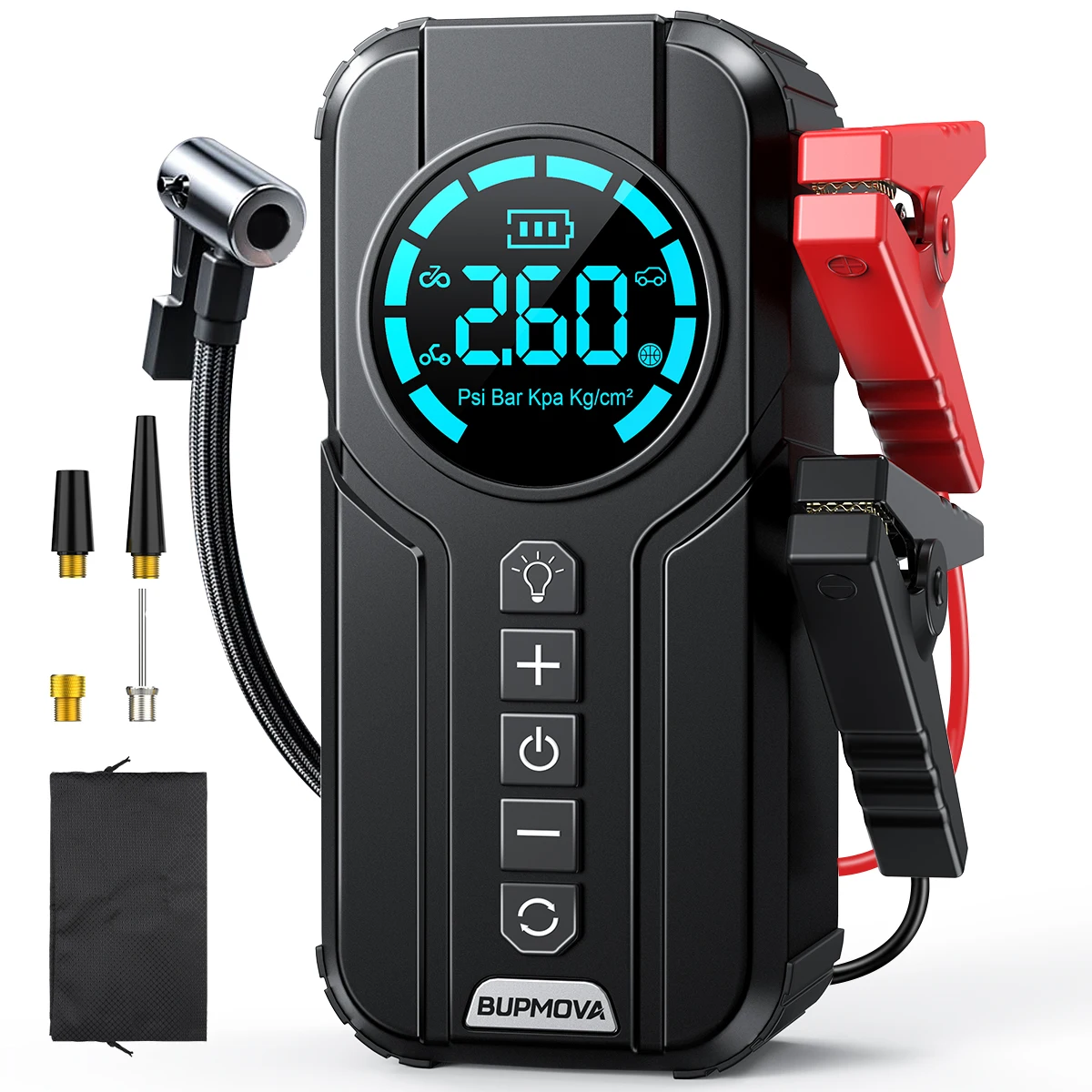 Le démarreur d'urgence professionnel 4-en-1 5000A intègre un compresseur d'air 150 PSI, une pompe à air 150 PSI, un chargeur portable, une batterie externe et un booster de démarrage d'urgence pour voiture.