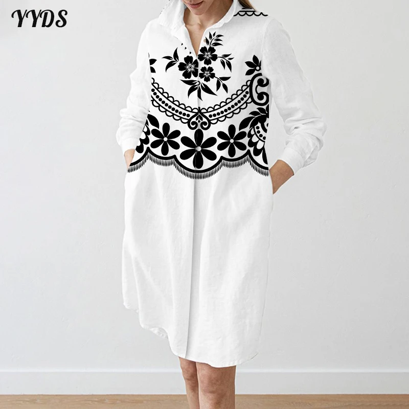 Elegant Shirt Dress For Women 2024 Casual Chinese Style White Long Sleeve Commuter Clothing Loose Button Up Lapel Blouse Dresses