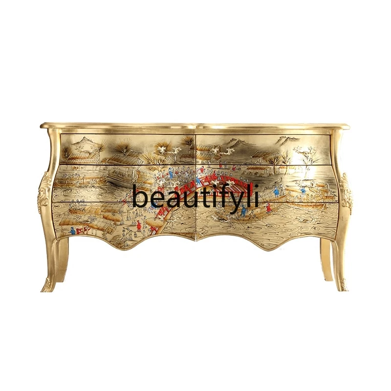 

Gold foil painted Qingming Shanghe picture Solid wood entry foyer decoration Entrance cabinet Display cabinet