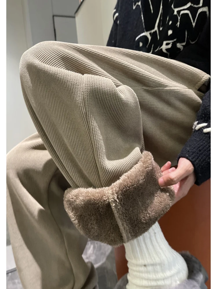 

Men's Corduroy Fce Lined Straight Leg Thiened Casual Pants Winter New Sle Loose Fit American Long Trousers