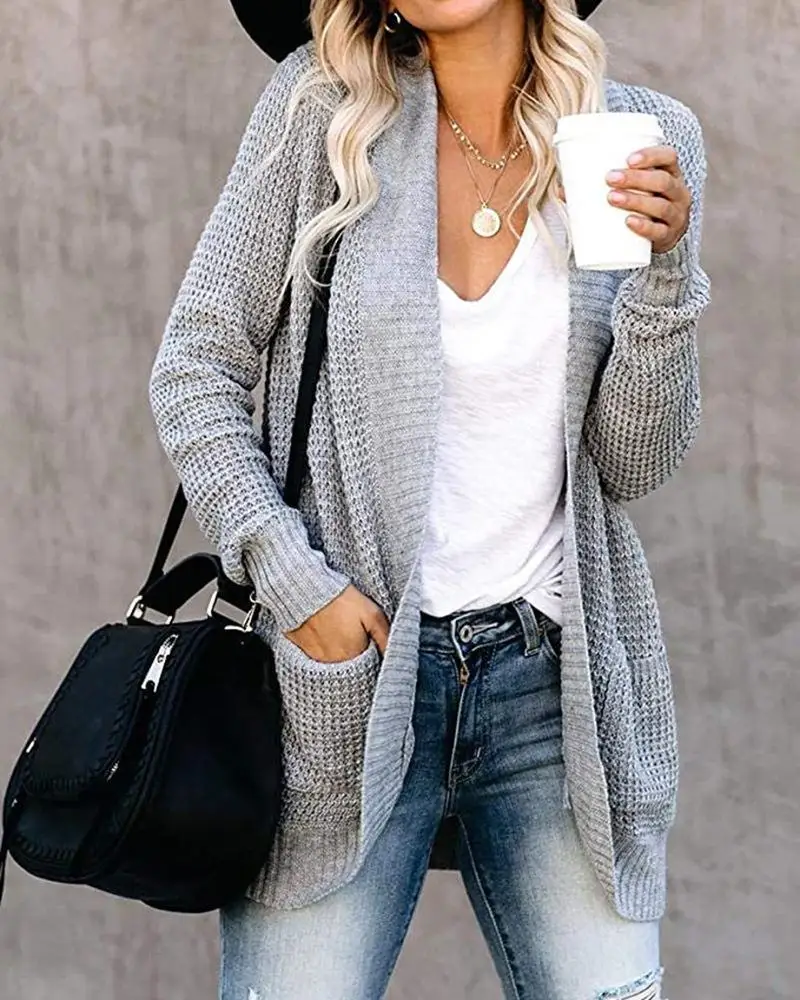 

Women Curved Placket Large Pocket Sweater Cardigan V-neck Knitted Cardigan Solid Open Stitch Winter Warm Long Sleeve Sweaters