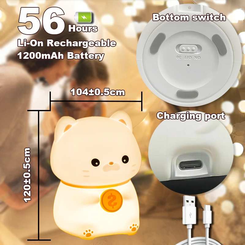 Cute Cat LED Night Light USB Rechargeable Silicone Lamp Sleeping Lamp Touch Switch Children Kid Bedroom Decoration Birthday Gift