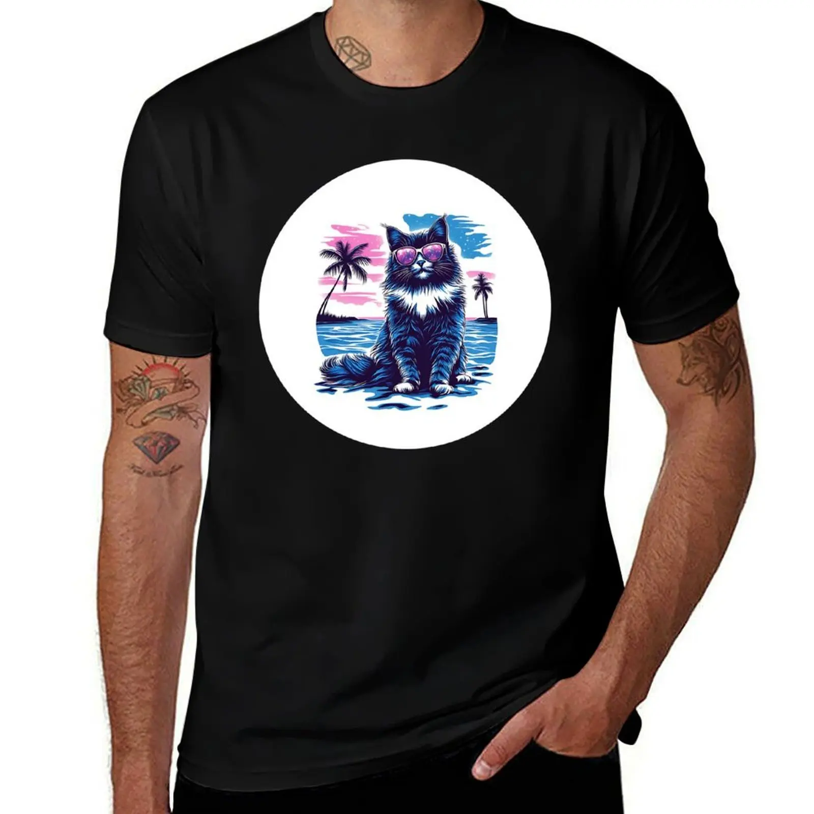 

Cat in sunglasses sitting on the beach T-Shirt sports fans Man t-shirt quick drying valentines boutique clothes t shirts for men