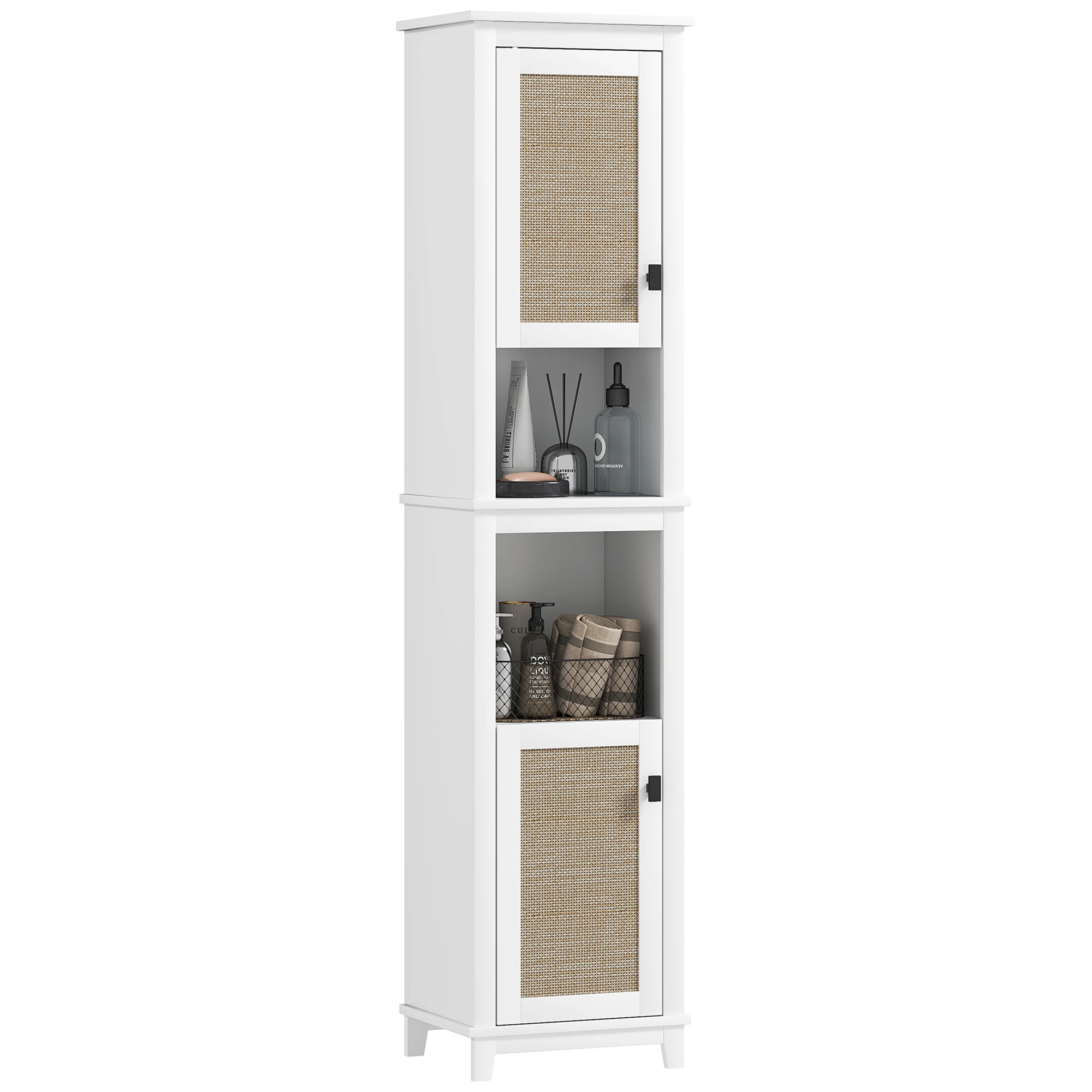 HOMCOM Columna de Baño con 2 Puertas con Frontal de Ratán 40x30x167,5 cm Blanco