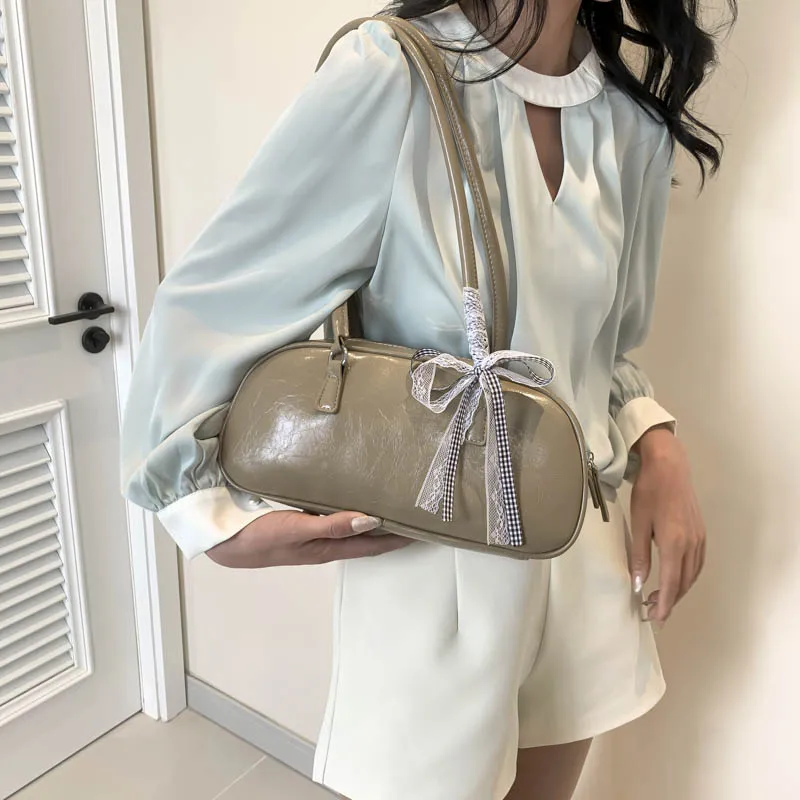 LEFTSIDE Ribbon Design Small PU Leather Shoulder Bags for Women 2024 Y2K Designer Fashion Handbags and Purses Trend Underarm Bag