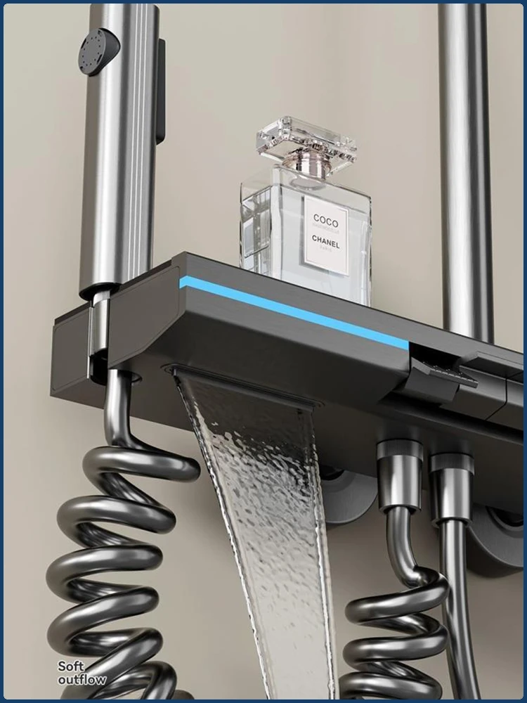 Piano Key 4 Function Water Outlet Rainlfall Shower System Bathroom Wall Mounted Intelligent Digital Display Shower Faucet Set