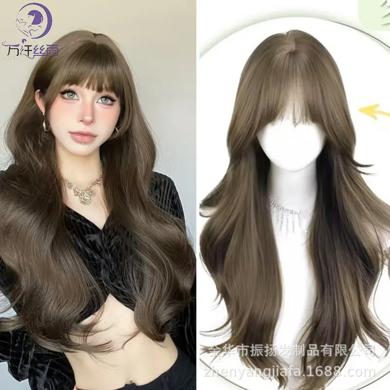 女性用ウィッグ、大きなウェーブ、エアバング、長い巻き毛、自然な大頭皮のシミュレーション、フル合成繊維ヘッドピース