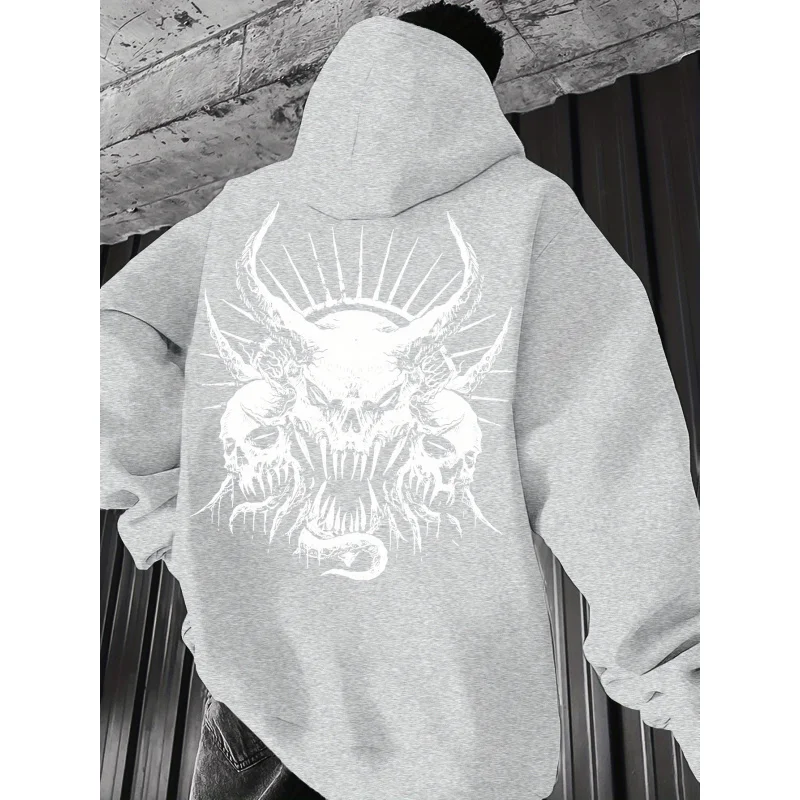 Men's Casual Hoodie，Printed with Geometric Skull Pattern - Spring and Autumn Knitted Fabric，Tailor-made fit，Polyester Blended Be