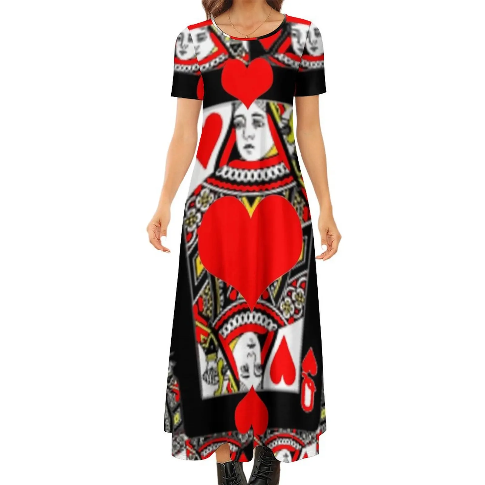 

CASINO RED QUEEN OF HEARTS PATTERN RED-HEARTS ART Round Neck Short Sleeve Dress Casual dresses dress women summer 2024