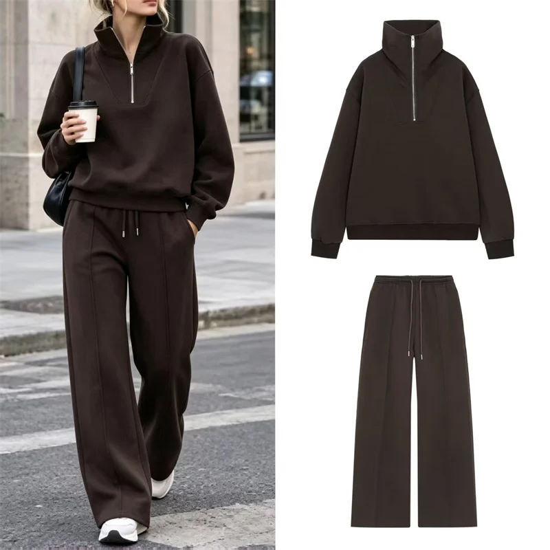 Guobioziy Women's Hoodie 2026 Early Autumn New Casual Fashion Long-Sleeve Polo Half-Zip Pullover Top with Wide-Leg Pants