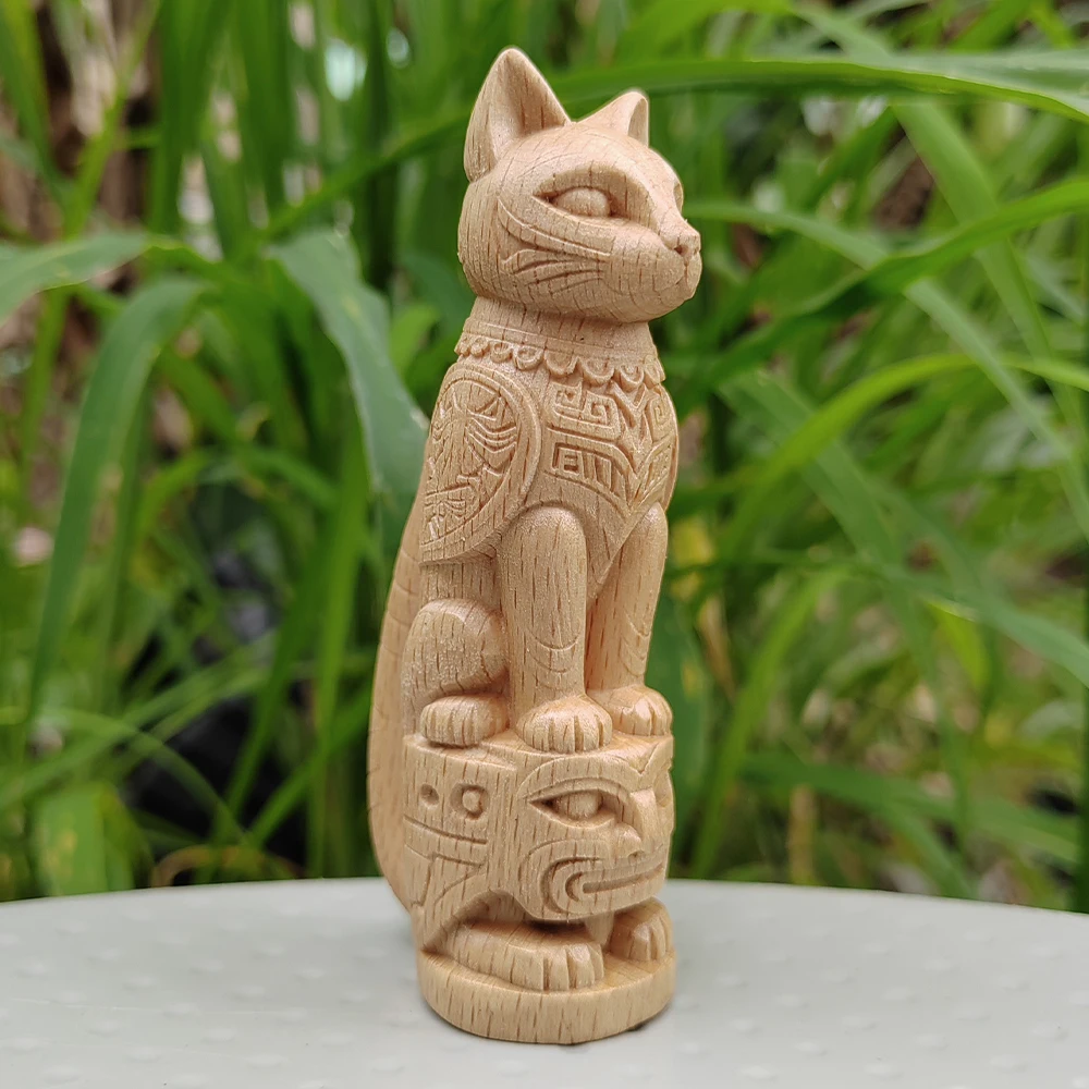 Wooden Cat Totem Ornament, Hand-Carved, Ethnic Style, Modern Style, Suitable for Creative Desktop Decorations, Study Room, Party Decoration, Housewarming Gift, Bedroom, New Year Gift, Birthday Gift