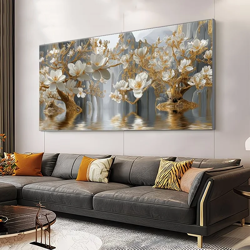 DIY Diamond Painting Beautiful White Magnolia Tree Cross-Stitch Kit Golden Trunks and White Flowers Diamond Mosaic Embroidery