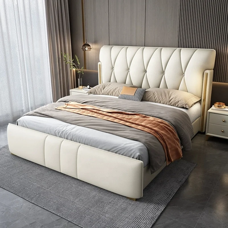 

#$Carved Solid Wood Leather Queen King Size Double Bed,American Country Retro Bedroom Furniture Set,for Home Hotel Bedroom Decor