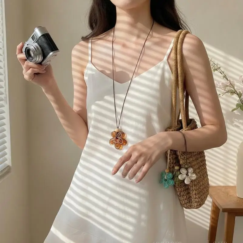 Boho Colorful Flower Pendant Long Necklace Comfortable Lightweight Jewelry for Women Daily Party Gift Use