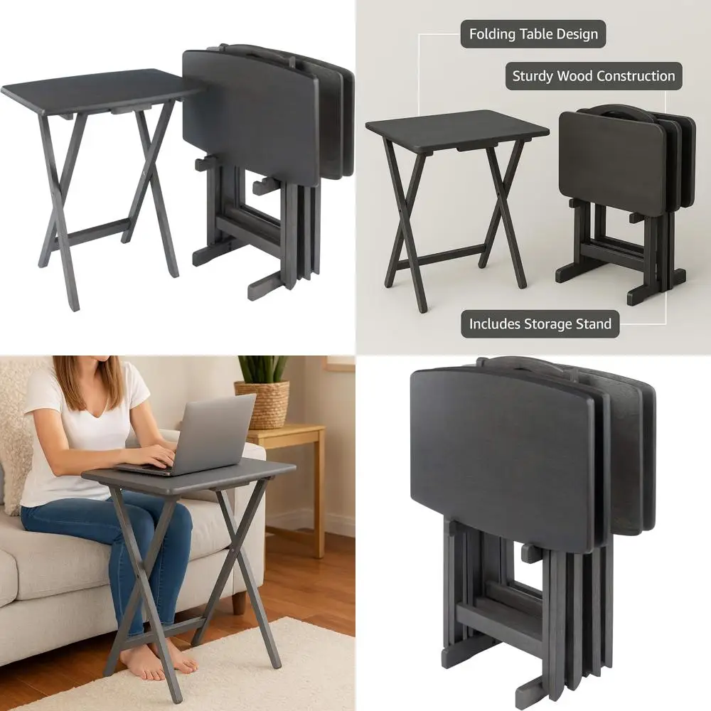 

Складной стол для закусок Dylan из 5 предметов из дерева Dorian с лакированной отделкой и подходящей подставкой для хранения