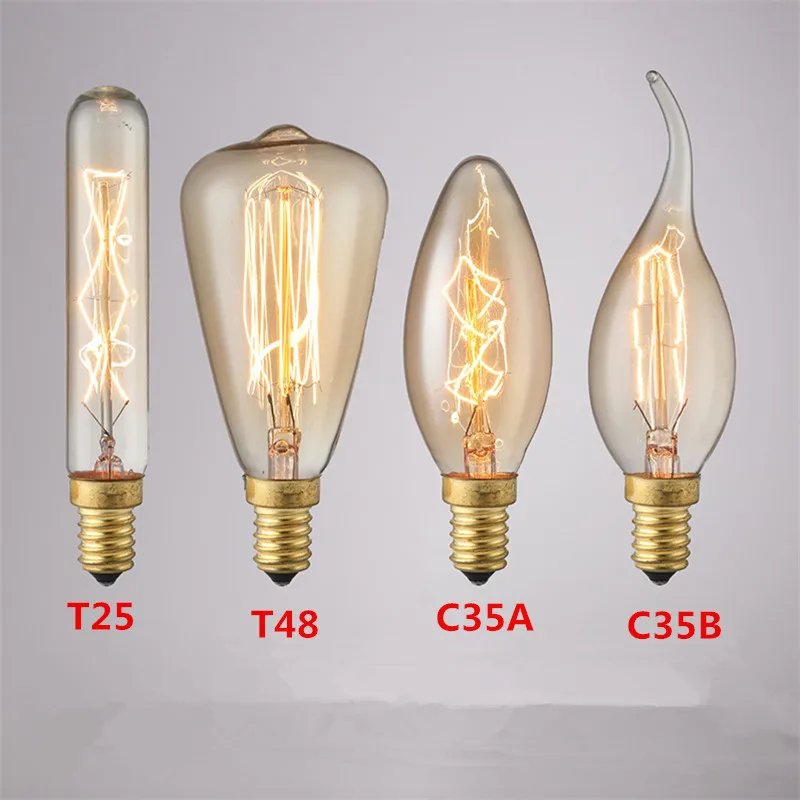 2 buah E14 sekrup kecil bohlam Edison Retro sumber Tungsten lampu kuning hangat 40W dapat diredupkan tanpa bohlam filamen strobo