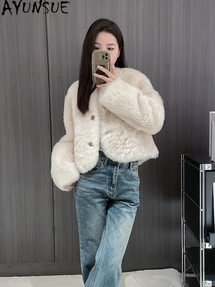 AYUNSUE 2025 Herfst Winter Shearling Jas Vrouw Luxe Korte 100% Natuurlijke Wollen Bont Jas Vrouw Kleding V-hals Twitter • =)