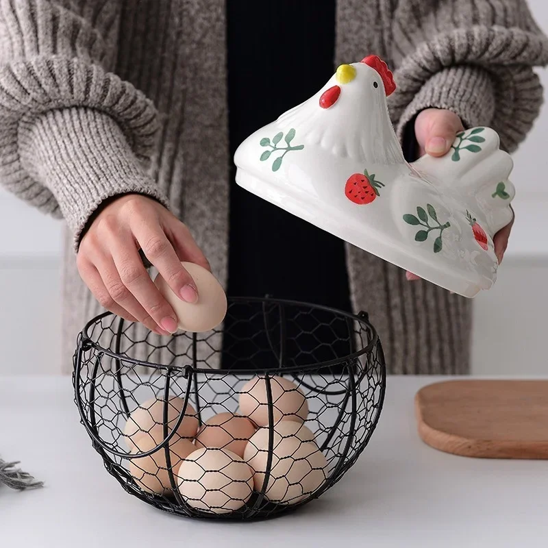 Storage Box Kitchen Ceramic Hen Storage Decorative Accessories Ceramic Iron Egg Basket Fruit Basket Garlic Potato Sundries